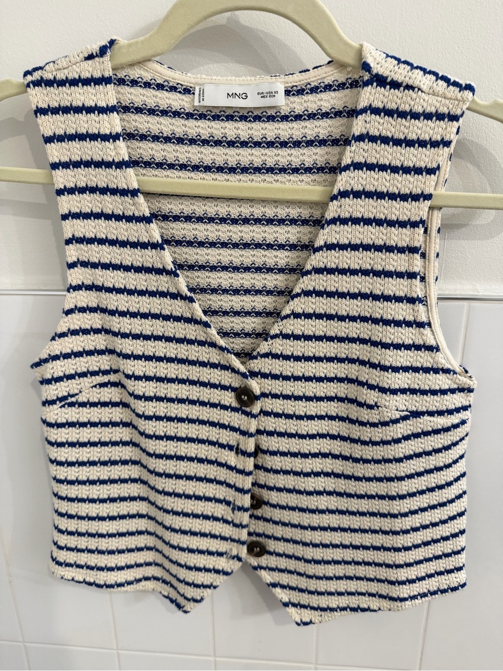 Mango Striped V-Neck Knit Vest in Blue and Cream